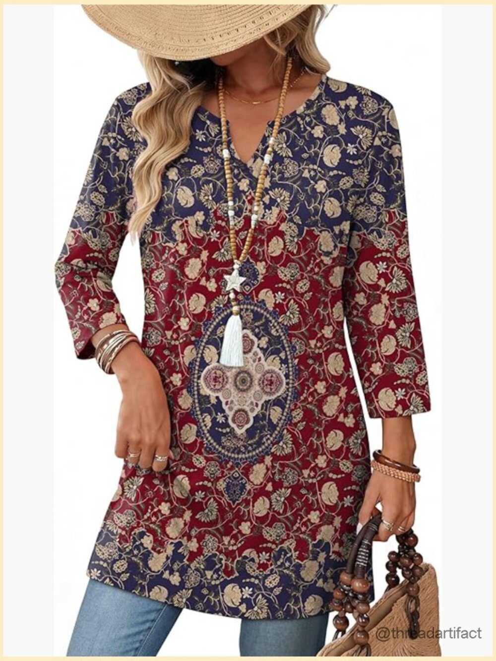 Boho Tunic Top 3/4 Sleeve V-Neck Summer Casual Blouse